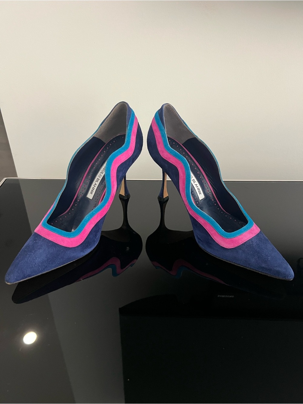 Manolo Blahnik Navy Suede Pumps with Pink & Teal Trim